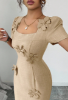 Picture of Women’s Midi Dress – Square Neck, Puff Sleeves, 3D Floral Decor