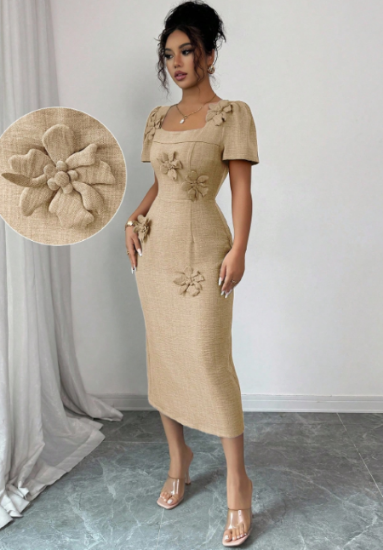 Picture of Women’s Midi Dress – Square Neck, Puff Sleeves, 3D Floral Decor