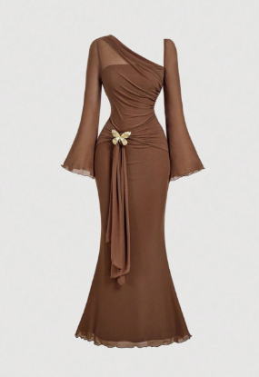 Picture of Women’s Dress – Bell long sleeves, Asymmetric Shoulder, Metal Buckle