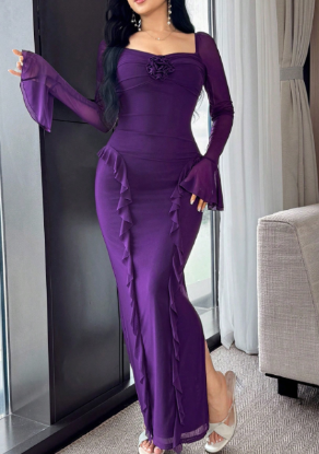 Picture of Women’s Dress – Ruffle long Sleeves, Solid color, Midi