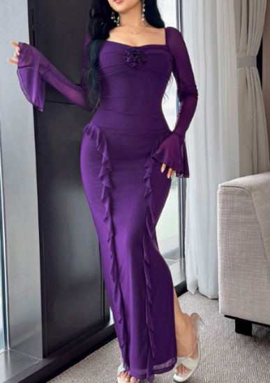 Picture of Women’s Dress – Ruffle long Sleeves, Solid color, Midi