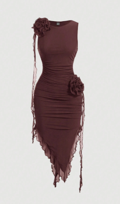 Picture of Women's Dress – Asymmetric Hem, 3D Floral Accent, Bodycon, sleeveless