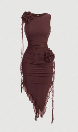 Picture of Women's Dress – Asymmetric Hem, 3D Floral Accent, Bodycon, sleeveless