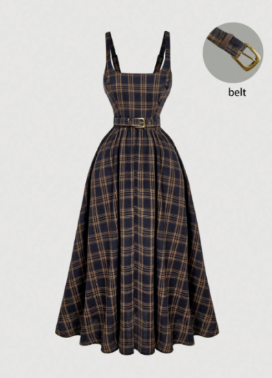 Picture of Women’s Dress –  Plaid, wide Strap, with belt