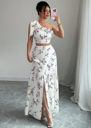 Picture of Women’s 2-Pcs. Set – Off shoulder, high Slit, Floral print