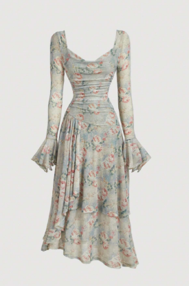 Picture of Women’s Dress –Vintage Floral, Long Sleeve, Ruffle Detail