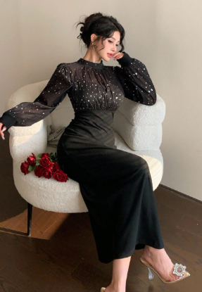 Picture of Women’s Dress – Elegant Mesh, Long Sleeve, Evening wear