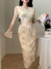 Picture of Women's Dress –Midi, V-Neck, Lace Patchwork, Floral Print, long sleeves
