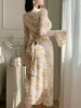 Picture of Women's Dress –Midi, V-Neck, Lace Patchwork, Floral Print, long sleeves