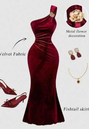 Picture of Women’s Elegant One-Shoulder Maxi Dress – velvet, Vintage Style
