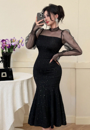 Picture of Women’s Elegant Evening Dress – Puff Sleeves, Sequins, High Neck, Mermaid Hem