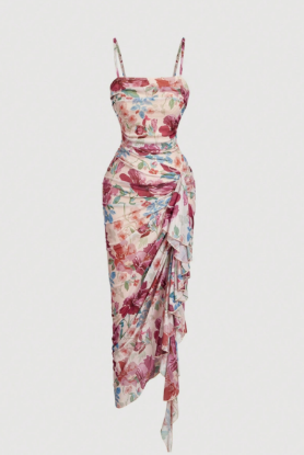 Picture of Women’s Romantic Floral Dress – Spaghetti Straps, Ruffle Hem, Asymmetric Cut