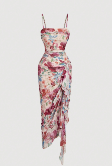 Picture of Women’s Romantic Floral Dress – Spaghetti Straps, Ruffle Hem, Asymmetric Cut
