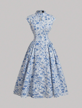Picture of Women’s Chinese-Style Dress – Blue Floral, Buckle Detail