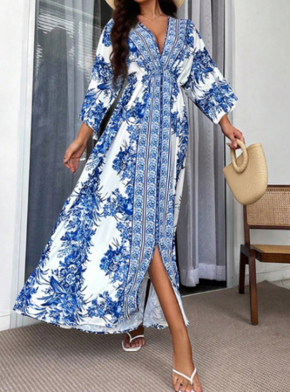 Picture of Women’s Maxi Dress – Deep V-Neck, Floral Print, Fitted Waist