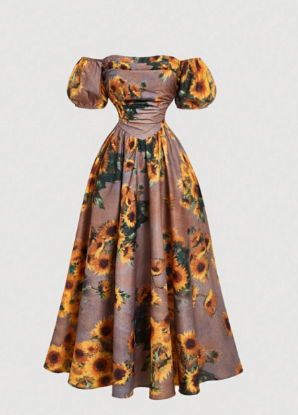 Picture of Women’s Vintage Dress – Brown, Sunflower Print