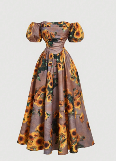 Picture of Women’s Vintage Dress – Brown, Sunflower Print