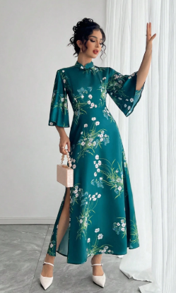 Picture of Women’s Maxi Cheongsam – Green Floral, Flared Sleeves