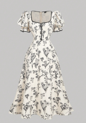 Picture of Women’s Elegant Dress – Square Neck, Floral Print, Puff Sleeves
