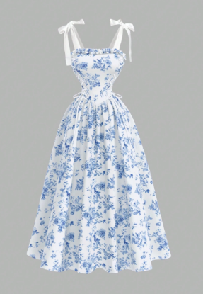 Picture of Women’s Elegant Dress – Floral Print, Ruffle Collar, Tie Shoulder
