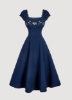 Picture of Women’s Midi Dress – Square Neck, Contrast Lace, Embroidered Puff Sleeves