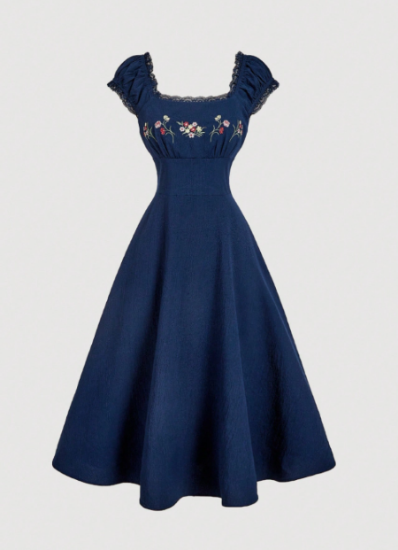 Picture of Women’s Midi Dress – Square Neck, Contrast Lace, Embroidered Puff Sleeves