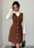 Picture of Women’s Vintage Corduroy Mini Dress – V-Neck, Metal Button Detail, Sleeveless