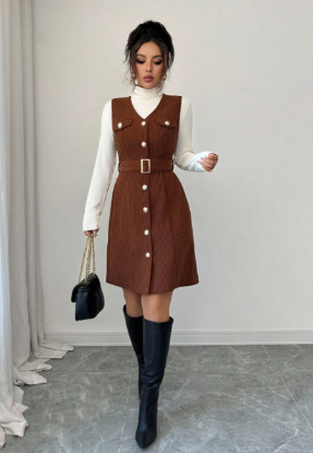 Picture of Women’s Vintage Corduroy Mini Dress – V-Neck, Metal Button Detail, Sleeveless