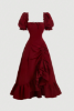 Picture of Women’s Midi Dress – Puff Sleeves, Waist Tie, Hem Slit