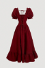 Picture of Women’s Midi Dress – Puff Sleeves, Waist Tie, Hem Slit
