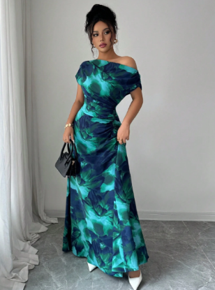 Picture of Women’s Minimalist dress- Asymmetric Shoulder & Waist Ruffle with Pattern