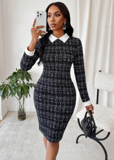 Picture of Women’s Tweed Midi Dress – Shirt Collar, Bodycon Workwear