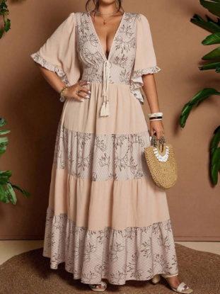 Picture of Women's Plus Size Maxi Dress – V-Neck, Floral Pattern, Vintage-Bohemian Casual