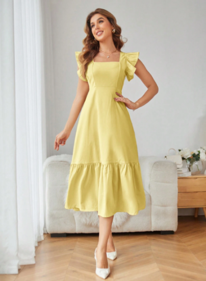 Picture of Women’s Solid Dress – Square Neck, Ruffle Trim, sleeveless