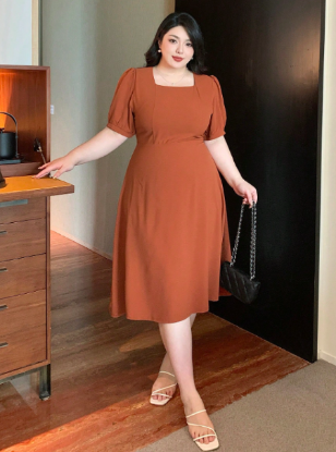 Picture of Women's Elegant Plus Size Midi Dress – Square Neckline, Ruched Waist, Summer Style