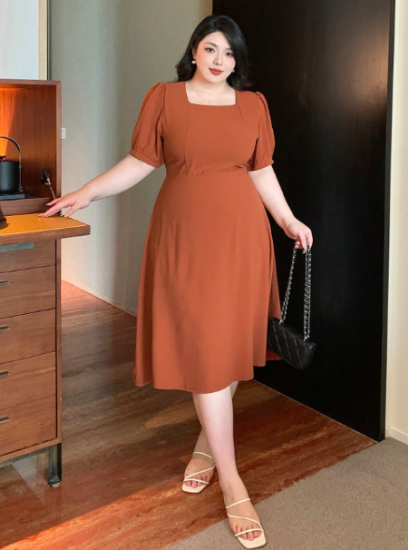 Picture of Women's Elegant Plus Size Midi Dress – Square Neckline, Ruched Waist, Summer Style