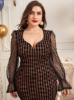 Picture of Women's Elegant Plus Size Evening Dress – Houndstooth Pattern, Mesh Long Sleeves