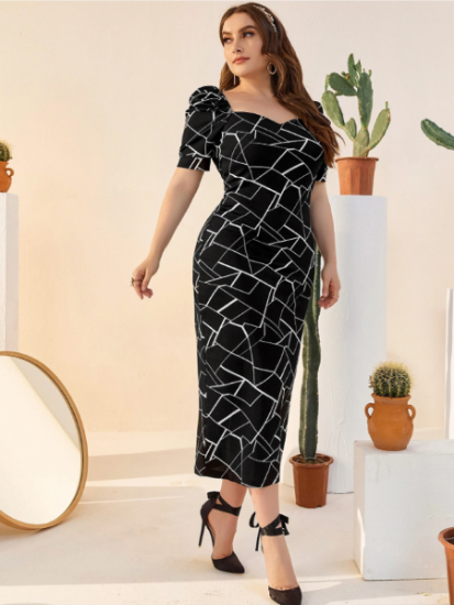 Picture of Women's Elegant Plus Size  Dress – Heart Neckline, Puff Sleeves, Side Slit