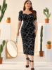Picture of Women's Elegant Plus Size  Dress – Heart Neckline, Puff Sleeves, Side Slit