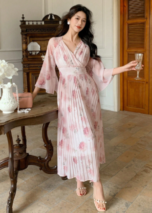 Picture of Women’s Midi Dress – Floral Print, Pleated Design, V-neck