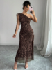 Picture of Women’s off-shoulder Elegant Dress – Leopard Mesh, High Slit