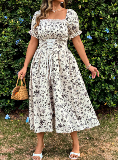 Picture of Women’s Plus Size Floral Midi Dress – Waist Tie, Short Sleeve, Ruffle Hem