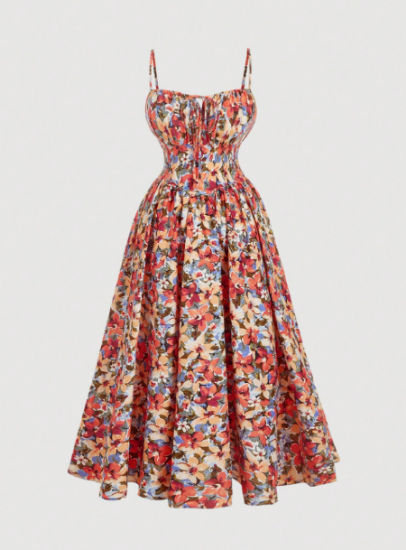 Picture of Women’s Midi Plus Size Dress – Large Floral Print, spaghetti strap