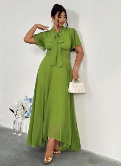 Picture of Women’s Summer Plus Size Dress – Solid color, Tie Neck, Short Sleeves