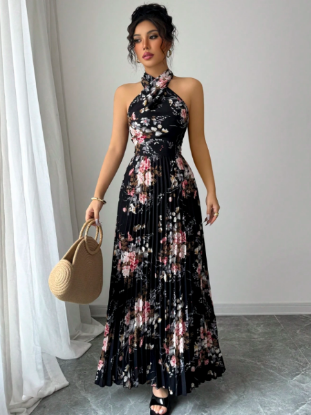 Picture of Women’s Sleeveless Vacation Maxi Dress – Cross Neck, Waist Tie, A-Line