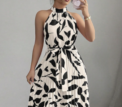 Picture of Summer Women’s Elegant Dress – Neck Tie, Cinched Waist, Floral Print, Pleated Long Style with Large Hem