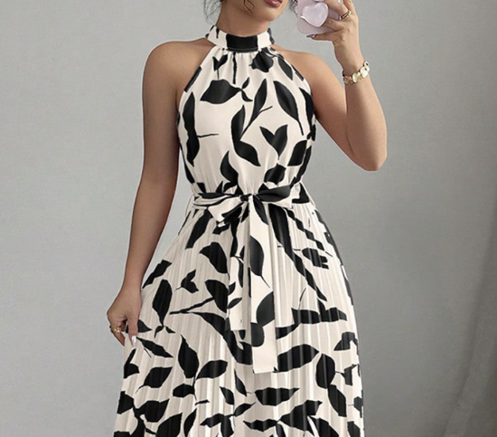Picture of Summer Women’s Elegant Dress – Neck Tie, Cinched Waist, Floral Print, Pleated Long Style with Large Hem