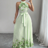 Picture of Summer Women’s Elegant Dress – Neck Tie, Cinched Waist, Floral Print, Pleated Long Style with Large Hem