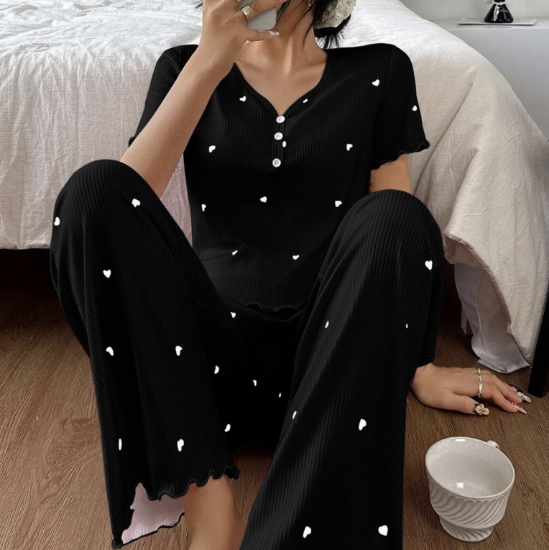 Picture of Summer New Style Women’s Pajama Set – Short-Sleeved Top & Pants, Love Pattern, Casual Fashion